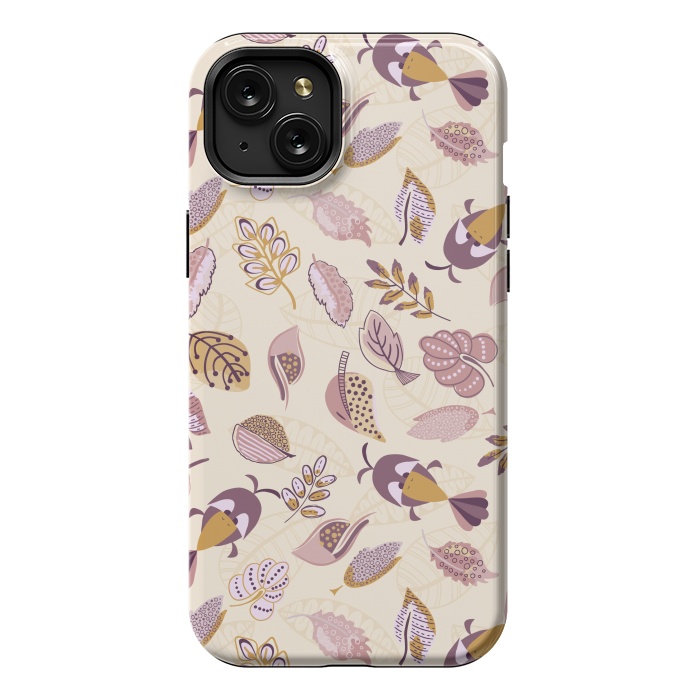 iPhone 15 Plus StrongFit Cute parrots in a fun tossed pattern with funky leaves in purple and mustard by Paula Ohreen