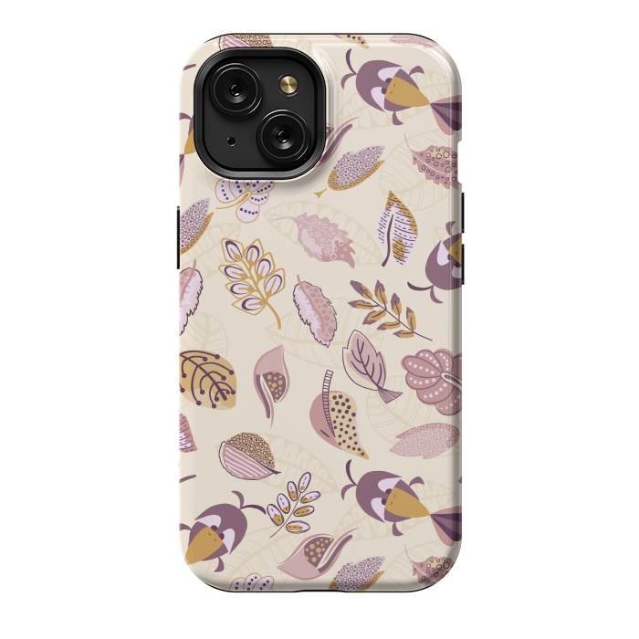 iPhone 15 StrongFit Cute parrots in a fun tossed pattern with funky leaves in purple and mustard by Paula Ohreen