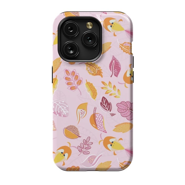 iPhone 15 Pro StrongFit Cute parrots in a fun tossed pattern with funky leaves in pink and orange by Paula Ohreen