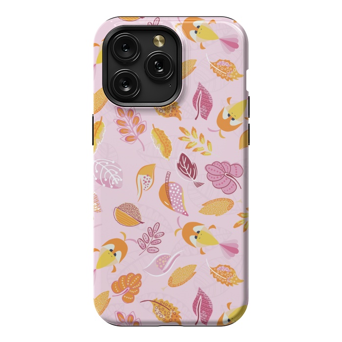 iPhone 15 Pro Max StrongFit Cute parrots in a fun tossed pattern with funky leaves in pink and orange by Paula Ohreen