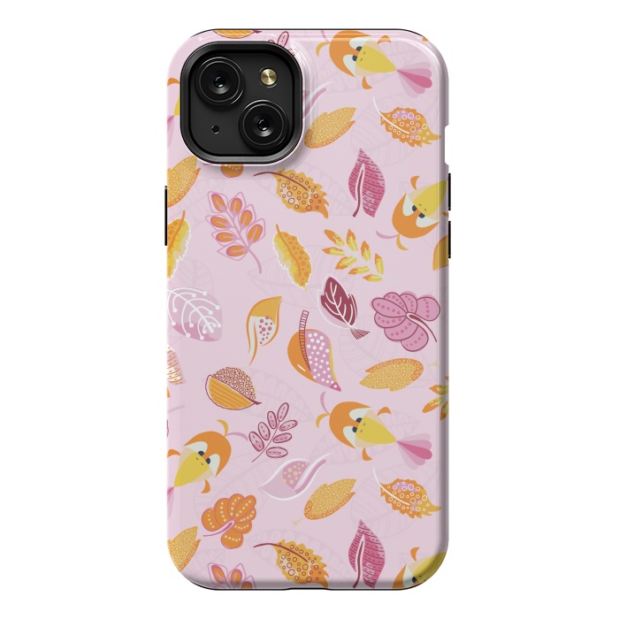 iPhone 15 Plus StrongFit Cute parrots in a fun tossed pattern with funky leaves in pink and orange by Paula Ohreen