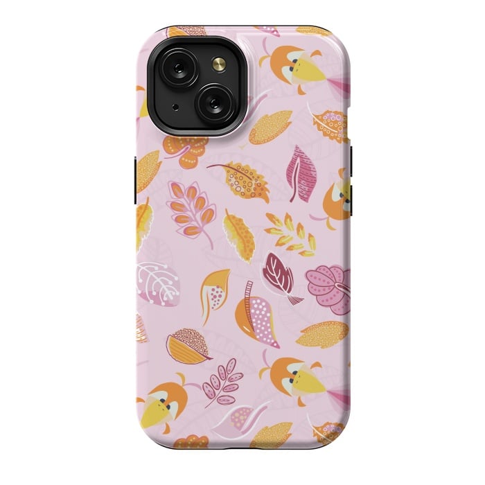 iPhone 15 StrongFit Cute parrots in a fun tossed pattern with funky leaves in pink and orange by Paula Ohreen