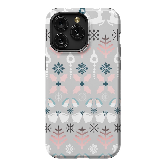 iPhone 15 Pro Max StrongFit Christmas Fair Isle in Grey, Pink and Blue by Paula Ohreen