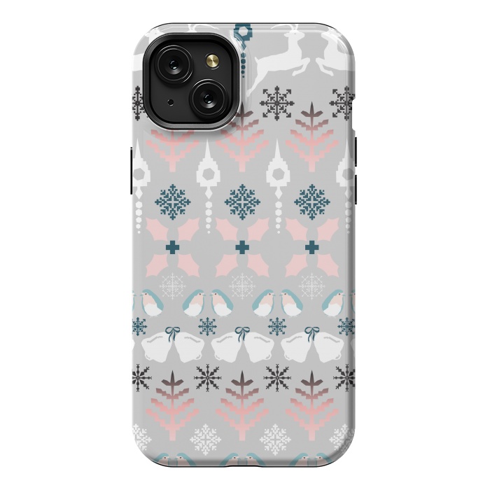 iPhone 15 Plus StrongFit Christmas Fair Isle in Grey, Pink and Blue by Paula Ohreen