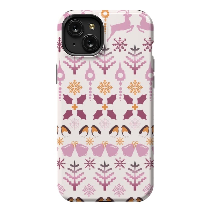 iPhone 15 Plus StrongFit Fair Isle Christmas in pink and orange by Paula Ohreen