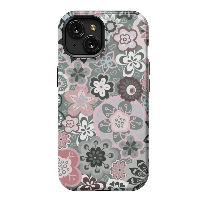 iPhone 15 StrongFit Beautiful Bouquet of Blooms-Dark Grey and Pink by Paula Ohreen