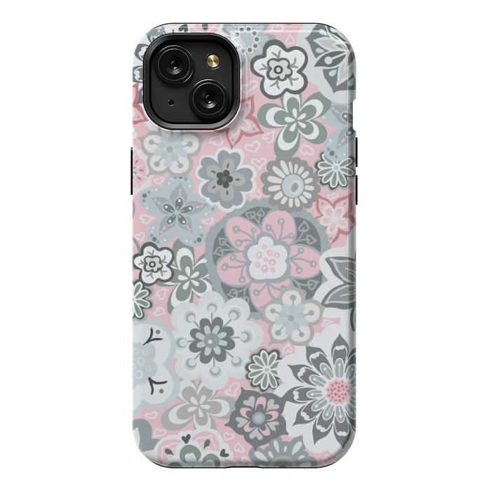 iPhone 15 Plus StrongFit Beautiful Bouquet of Blooms-Light grey and pink by Paula Ohreen