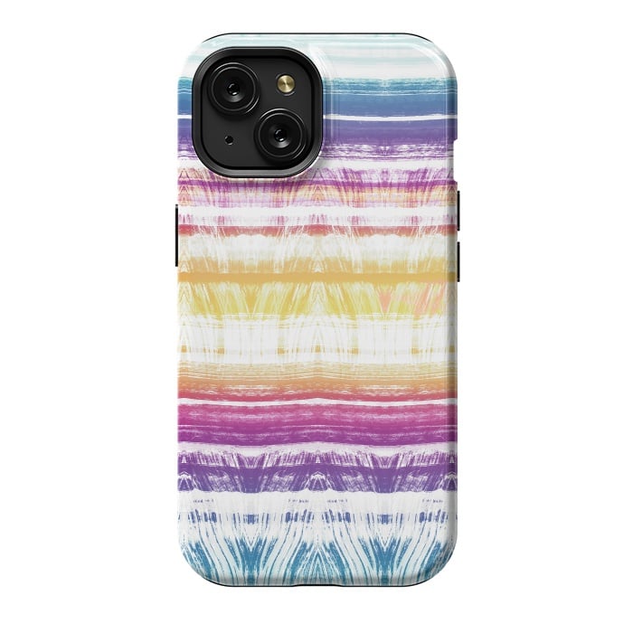 iPhone 15 StrongFit Rainbow brushed ethnic tie dye stripes by Oana 
