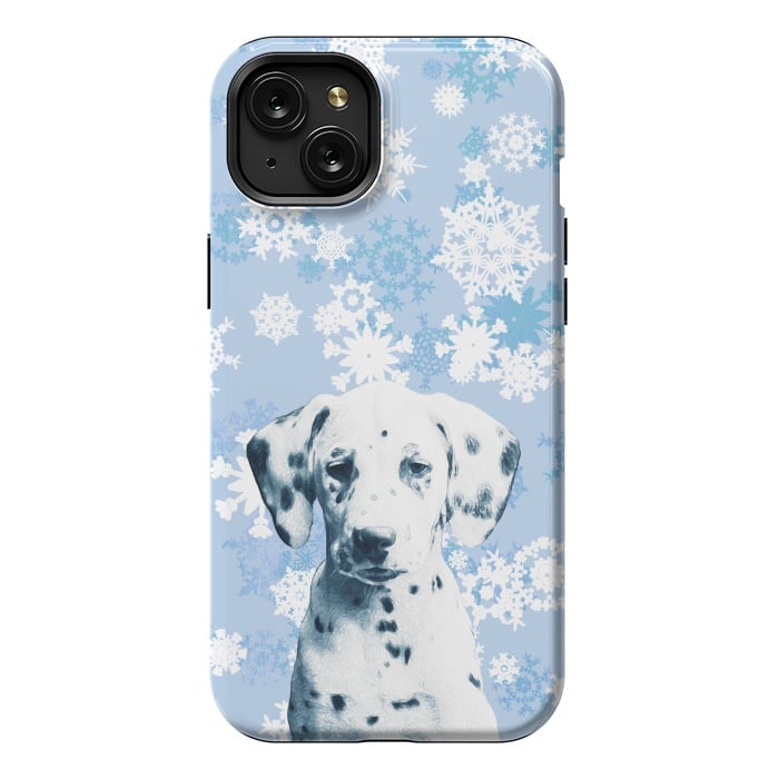 iPhone 15 Plus StrongFit Cute dalmatian and blue white snowflakes by Oana 