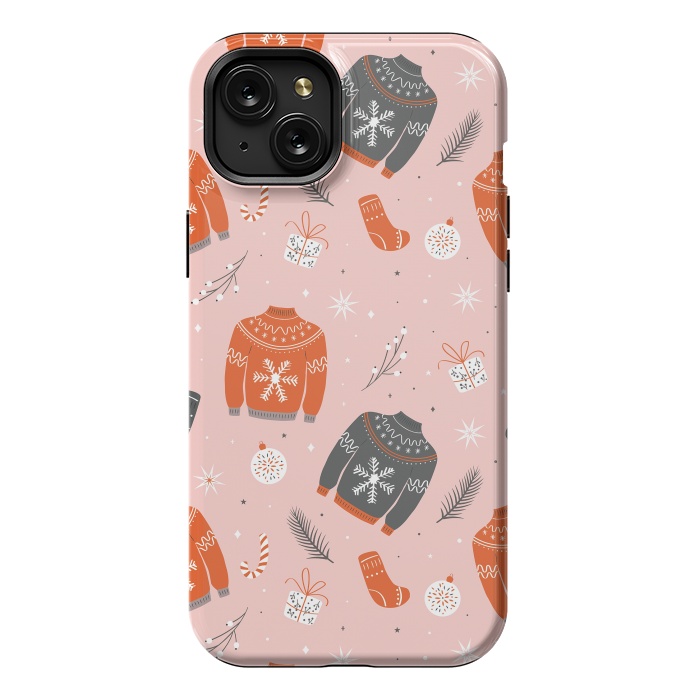 iPhone 15 Plus StrongFit Christmas seamless pattern with ugly sweater. Woolen winter clothes and traditional festive elements and decoration by Jelena Obradovic