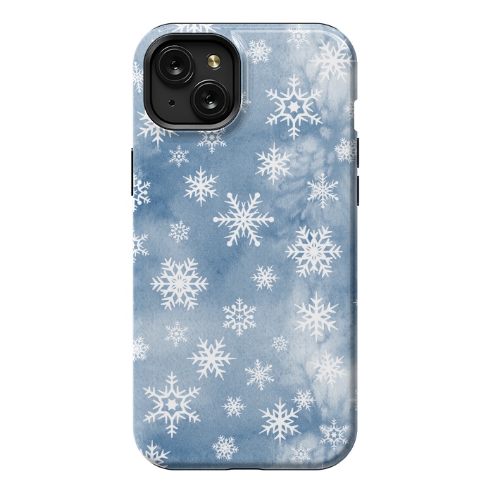 iPhone 15 Plus StrongFit Blue white watercolor Christmas snowflakes by Oana 