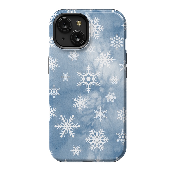 iPhone 15 StrongFit Blue white watercolor Christmas snowflakes by Oana 