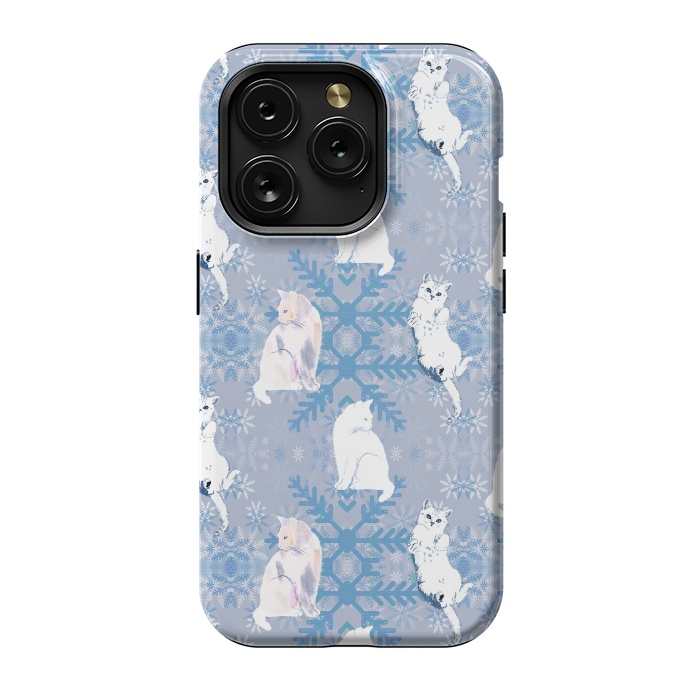 iPhone 15 Pro StrongFit Cute white cats and blue Christmas snowflakes by Oana 
