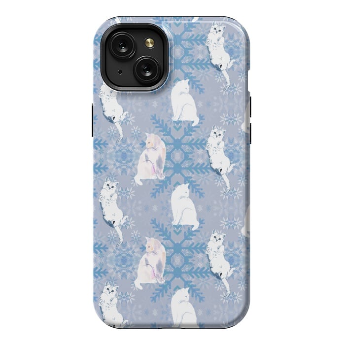 iPhone 15 Plus StrongFit Cute white cats and blue Christmas snowflakes by Oana 