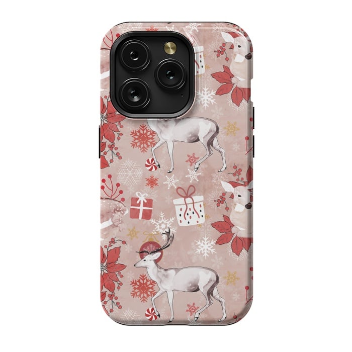 iPhone 15 Pro StrongFit Deers and Christmas ornaments red pink by Oana 