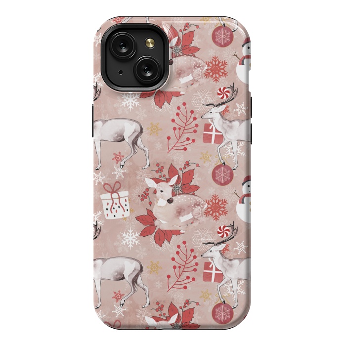 iPhone 15 Plus StrongFit Deers and Christmas ornaments red pink by Oana 