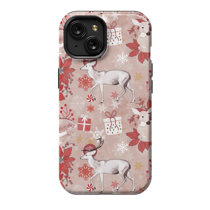 iPhone 15 StrongFit Deers and Christmas ornaments red pink by Oana 