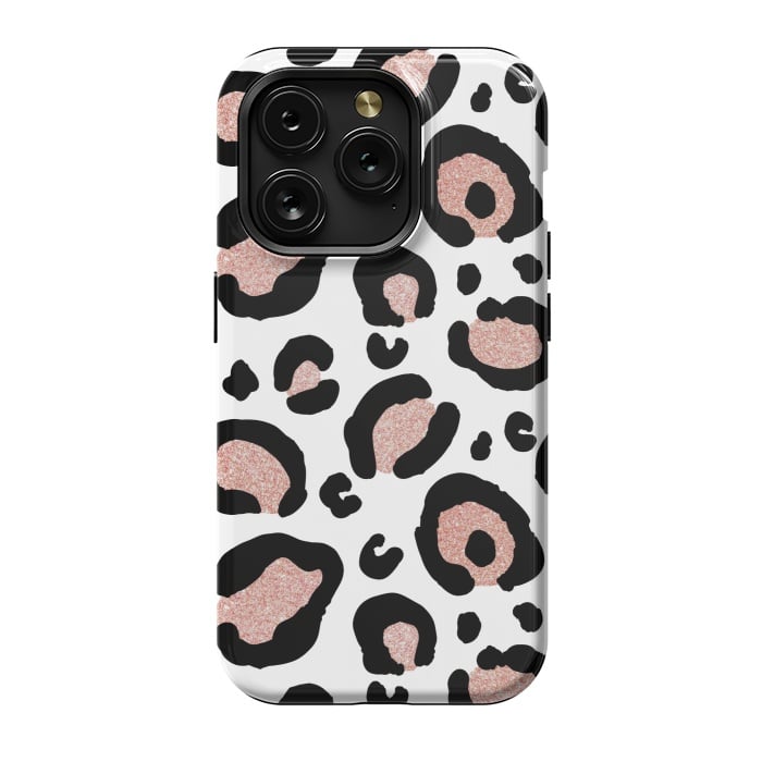 iPhone 15 Pro StrongFit Rose Gold Glitter Leopard Print by Julie Erin Designs