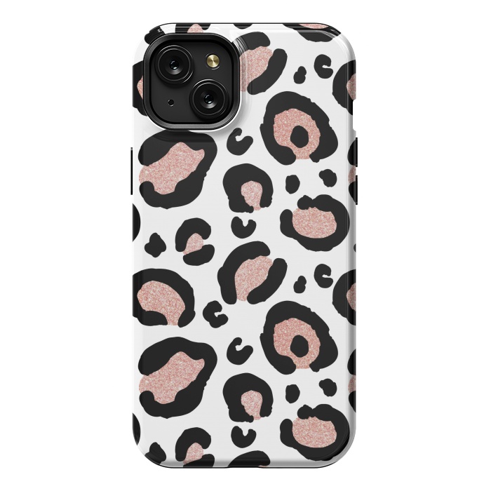 iPhone 15 Plus StrongFit Rose Gold Glitter Leopard Print by Julie Erin Designs