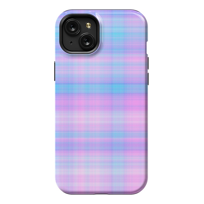 iPhone 15 Plus StrongFit Girly Pastel Plaid Blue Pink by Julie Erin Designs