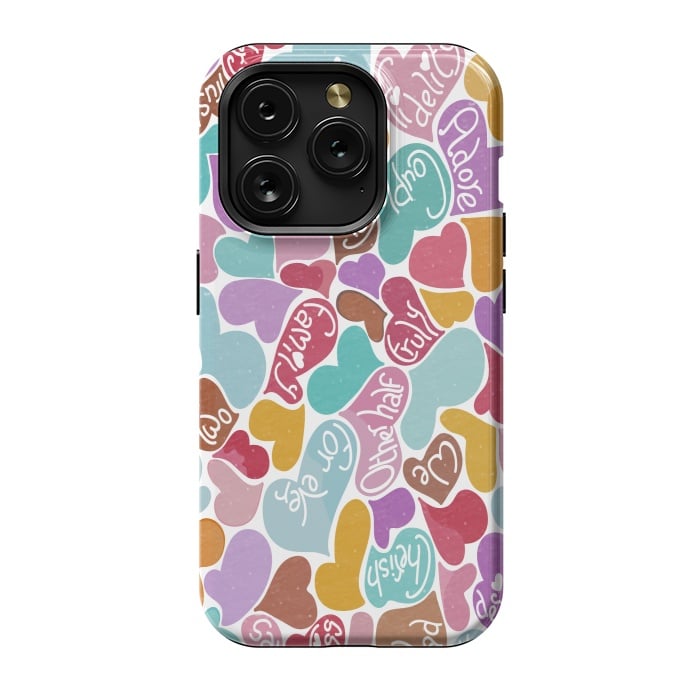 iPhone 15 Pro StrongFit Multicolored Love hearts with loving words by Paula Ohreen