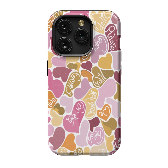 iPhone 15 Pro StrongFit Love hearts with loving words in pink and orange by Paula Ohreen