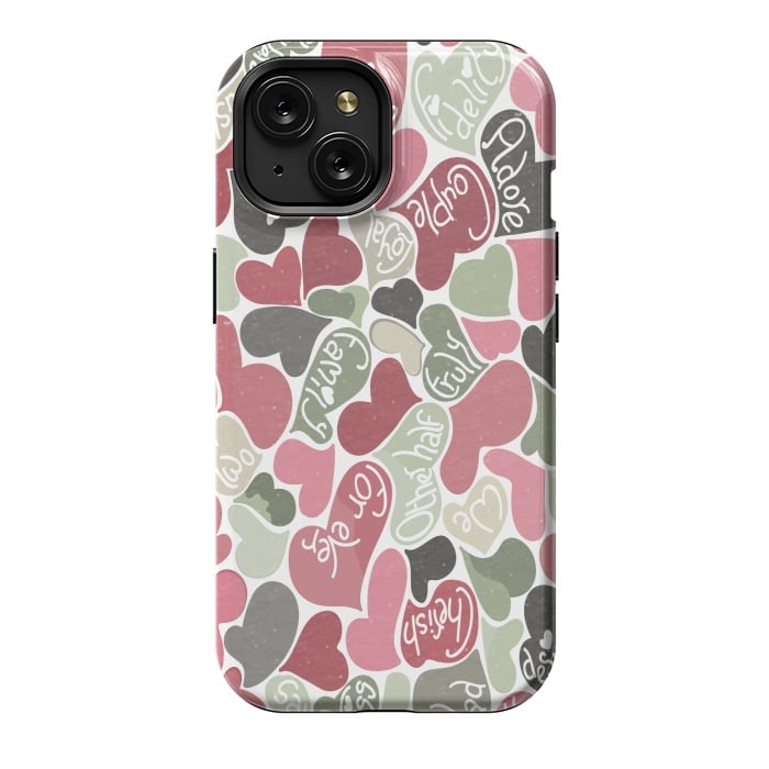 iPhone 15 StrongFit Love hearts with loving words in pink and green by Paula Ohreen