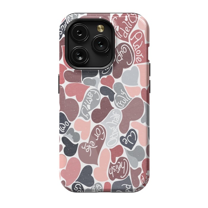 iPhone 15 Pro StrongFit Love hearts with loving words in pink and grey by Paula Ohreen