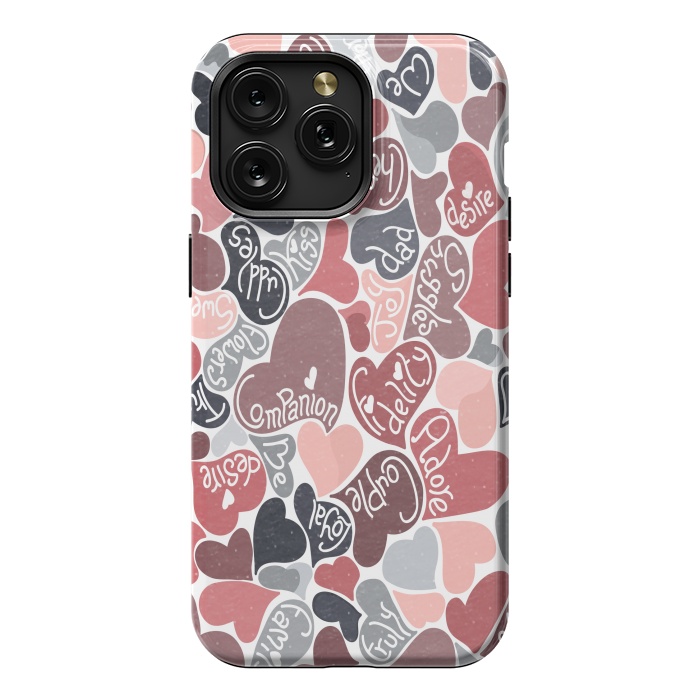 iPhone 15 Pro Max StrongFit Love hearts with loving words in pink and grey by Paula Ohreen