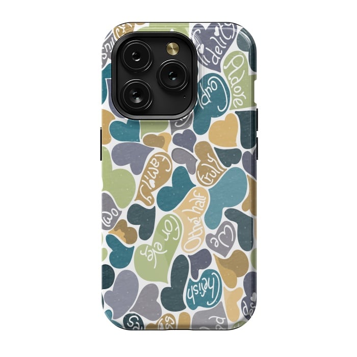 iPhone 15 Pro StrongFit Love hearts with loving words in blue and green by Paula Ohreen