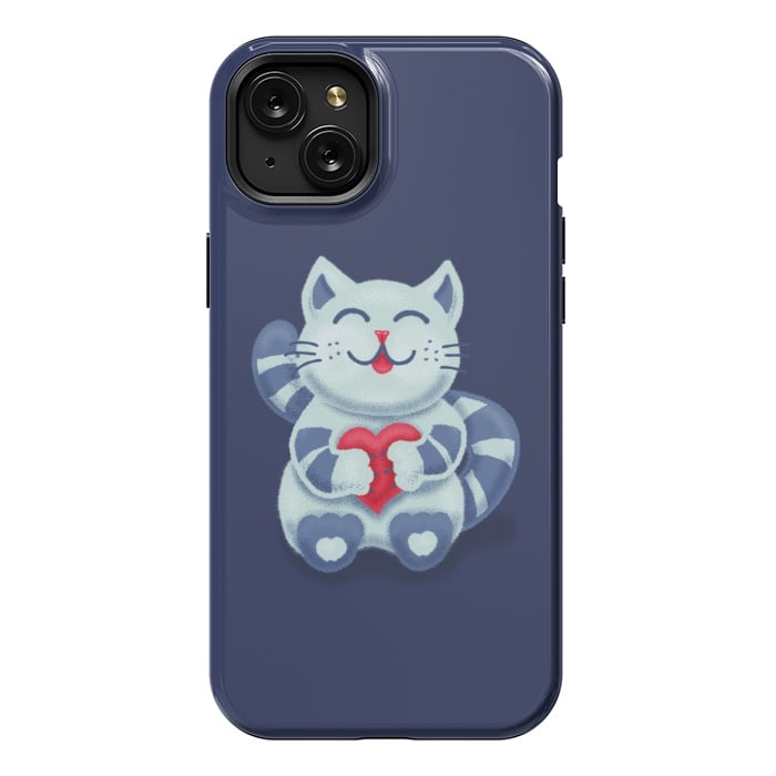 iPhone 15 Plus StrongFit Cute Blue Kitty With Heart In Love by Boriana Giormova