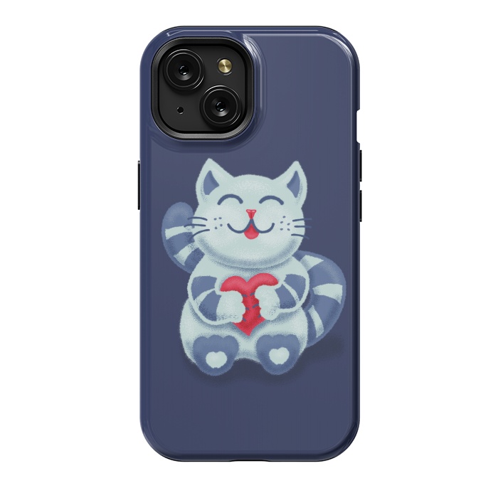 iPhone 15 StrongFit Cute Blue Kitty With Heart In Love by Boriana Giormova