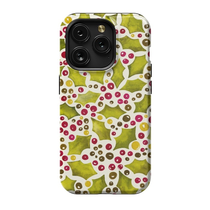 iPhone 15 Pro StrongFit Watercolour Christmas Holly and Berries Pattern by Paula Ohreen