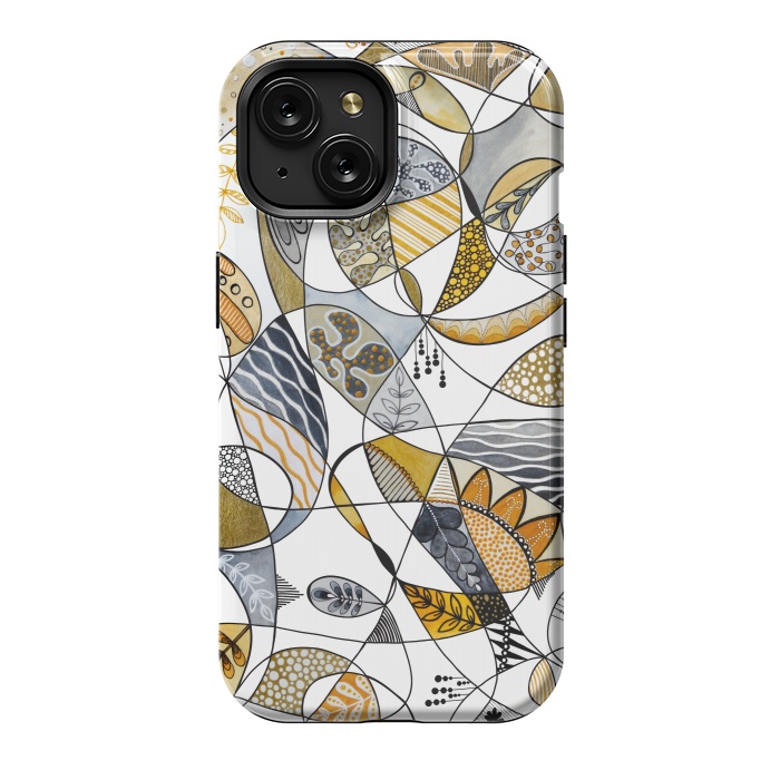 iPhone 15 StrongFit Continuous Line Abstract Art in Grey and Yellow by Paula Ohreen
