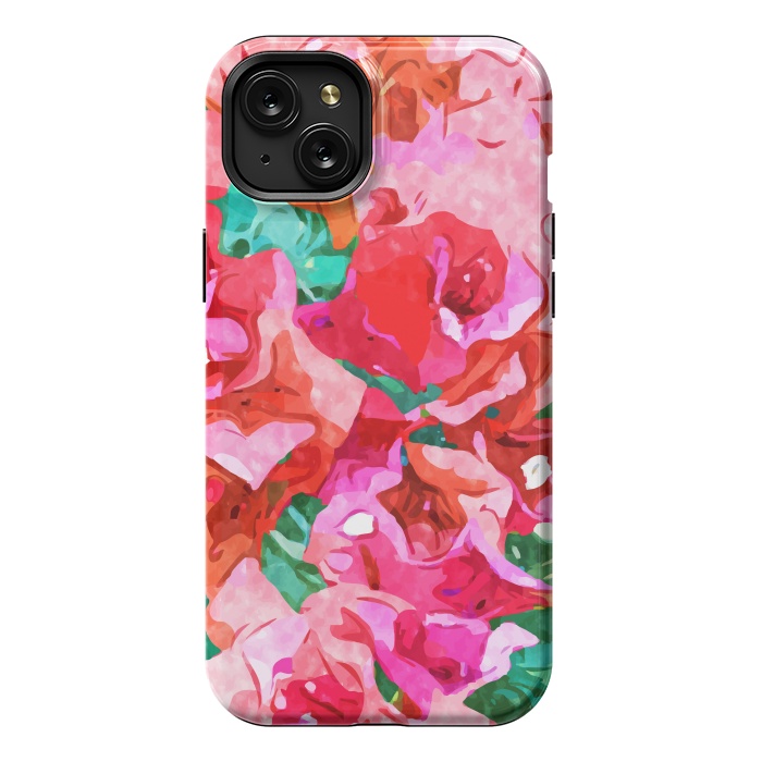 iPhone 15 Plus StrongFit Wild Bougainvillea, Bloom Summer Floral Bohemian Pop of Color Botanical Jungle Watercolor Painting by Uma Prabhakar Gokhale