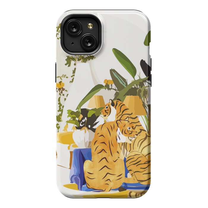 iPhone 15 Plus StrongFit Tiger Reserve Villa | Bohemian Tropical Jungle Décor | Pastel Honeymoon Couple Love Wildlife by Uma Prabhakar Gokhale
