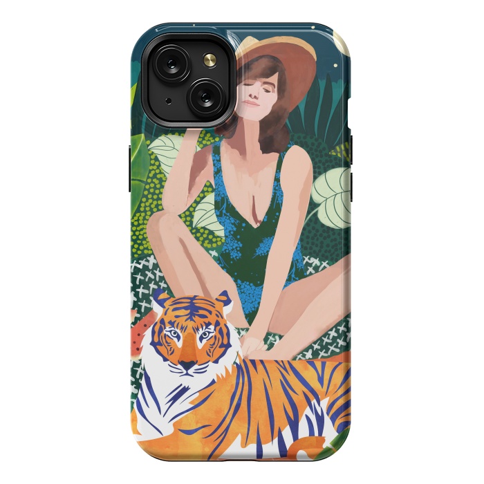 iPhone 15 Plus StrongFit Living In The Jungle, Tiger Tropical Picnic Illustration, Forest Woman Bohemian Travel Camp Wild by Uma Prabhakar Gokhale