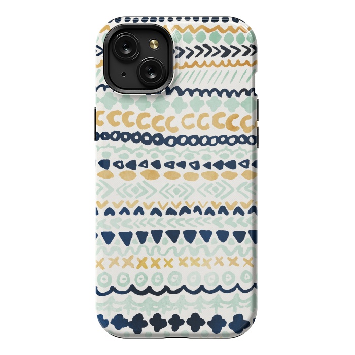 iPhone 15 Plus StrongFit Navy, Teal & Mustard Tribal by Tangerine-Tane