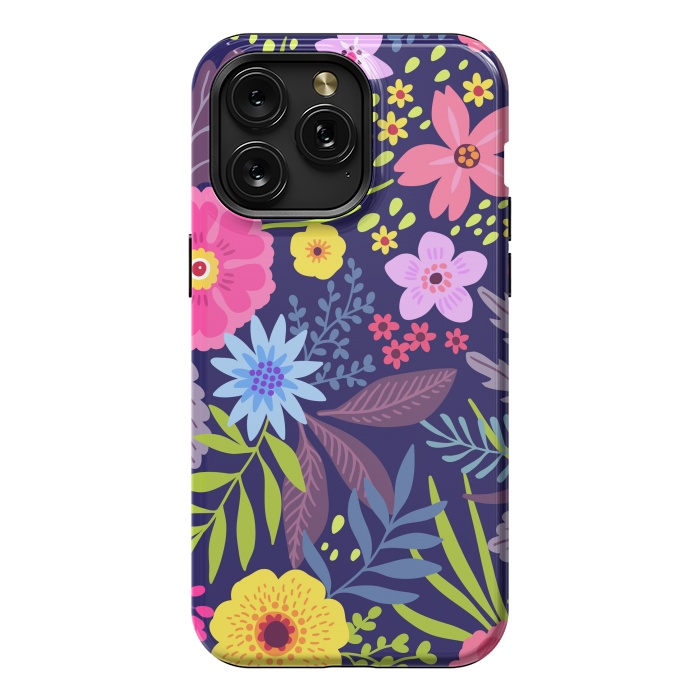 iPhone 15 Pro Max StrongFit Amazing seamless floral pattern with bright colorful flowers and leaves on a dark blue background by ArtsCase