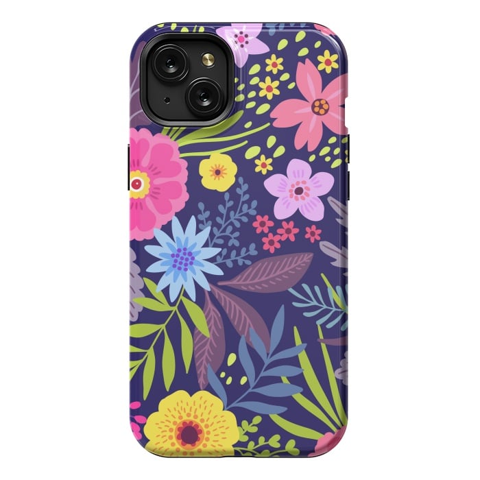 iPhone 15 Plus StrongFit Amazing seamless floral pattern with bright colorful flowers and leaves on a dark blue background by ArtsCase