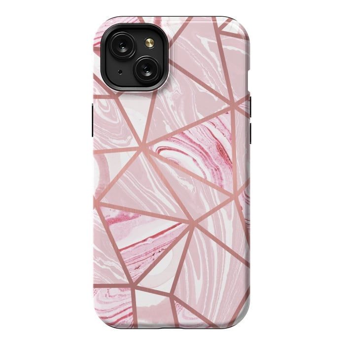 iPhone 15 Plus StrongFit Candy pink marble and rose gold triangles by Oana 