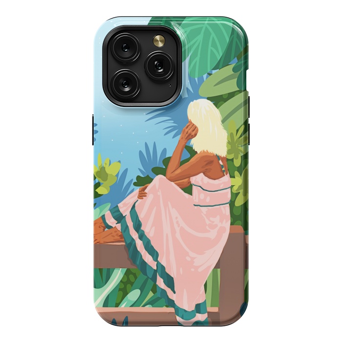 iPhone 15 Pro Max StrongFit Forest Moon, Bohemian Woman Jungle Nature Tropical Colorful Travel Fashion Illustration by Uma Prabhakar Gokhale