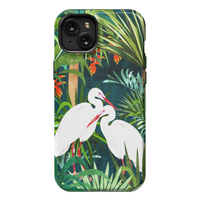 iPhone 15 Plus StrongFit To Me, You're Perfect, Tropical Jungle Heron Watercolor Vibrant Painting, Stork Birds Wildlife Love by Uma Prabhakar Gokhale