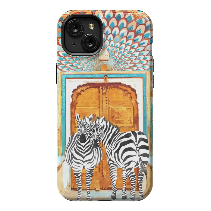 iPhone 15 Plus StrongFit Take Your Stripes Wherever You Go Painting, Zebra Wildlife Architecture, Indian Palace Door Painting by Uma Prabhakar Gokhale