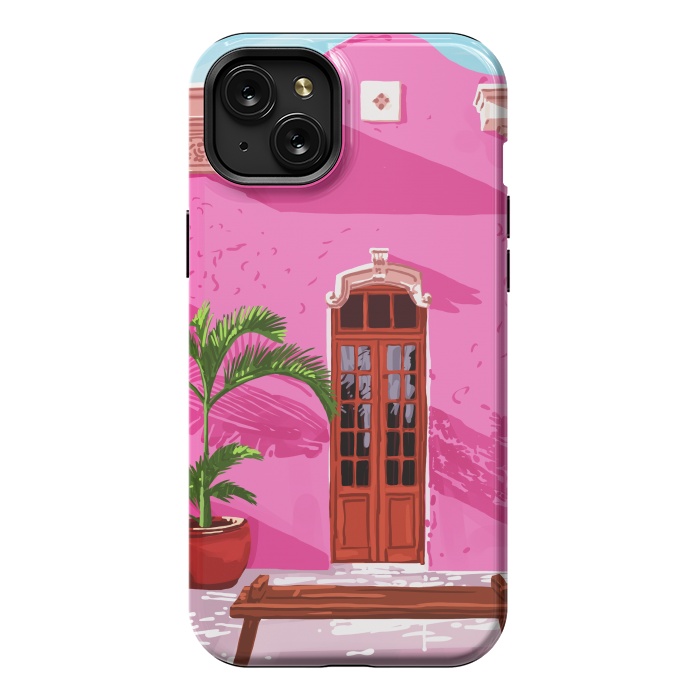 iPhone 15 Plus StrongFit Pink Building Architecture | Pop Art Travel House Painting | Modern Bohemian Décor Spain Palace by Uma Prabhakar Gokhale