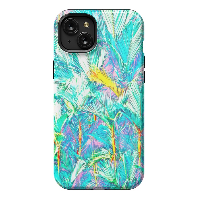 iPhone 15 Plus StrongFit Palm Garden, Tropical Nature Jungle Botanical Painting, Bohemian Intricate Pastel Forest by Uma Prabhakar Gokhale