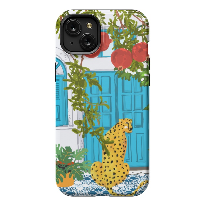iPhone 15 Plus StrongFit Cheetah Home, Morocco Architecture Illustration, Greece Cats Tropical Urban Jungle Pomegranate by Uma Prabhakar Gokhale