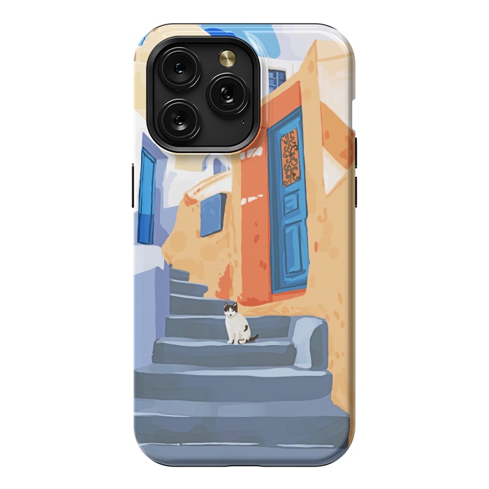 iPhone 15 Pro Max StrongFit Cat in Greece, Architecture Tropical Exotic Travel Places City, Bohemian Beachy Santorini Painting by Uma Prabhakar Gokhale