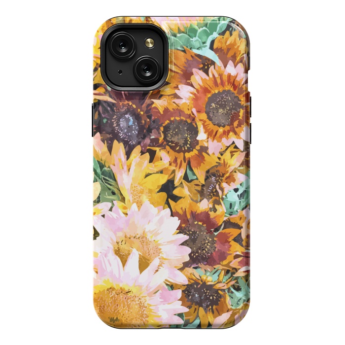 iPhone 15 Plus StrongFit Summer Sunflowers, Modern Bohemian Urban Jungle Painting, Botanical Floral Blush Garden Nature by Uma Prabhakar Gokhale