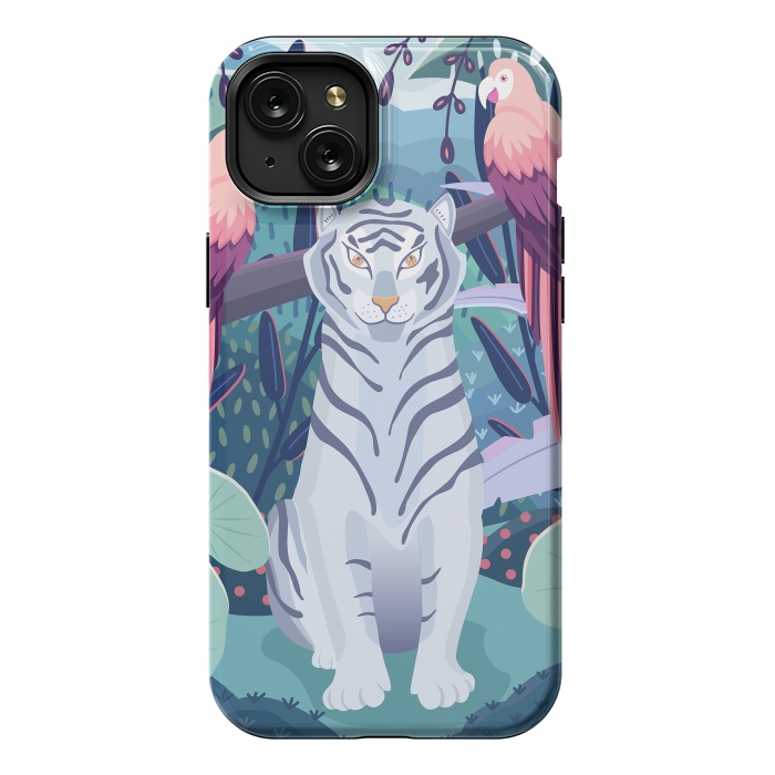 iPhone 15 Plus StrongFit Blue tiger and parrots by Jelena Obradovic
